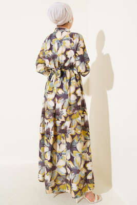 Bel Lastikli Düğmeli Çiçek Desen Elbise Yağ Yeşili - Tesettür Elbise