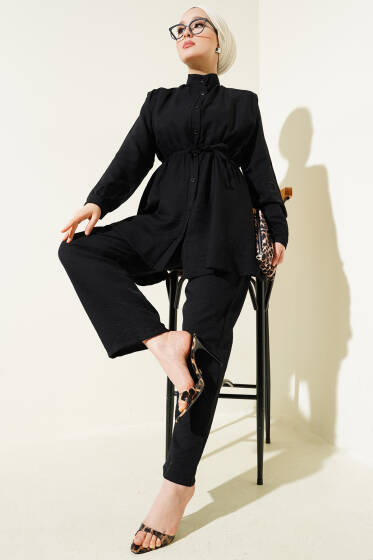 Bel Lastikli Düğmeli İkili Takım Siyah - İkili Takım