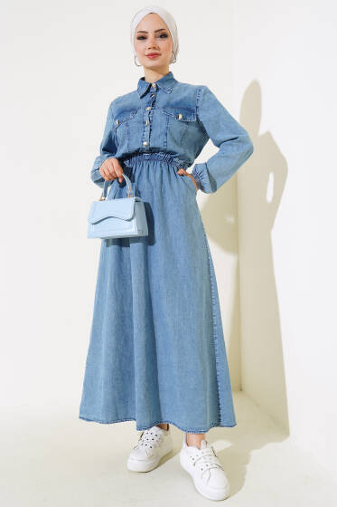 Bel Lastikli Düğmeli Kot Elbise Kot - Elbise