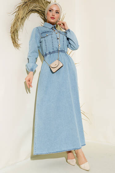 Bel Lastikli Düğmeli Kot Elbise Kot Mavisi - Elbise