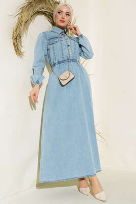 Bel Lastikli Düğmeli Kot Elbise Kot Mavisi - Tesettür Elbise