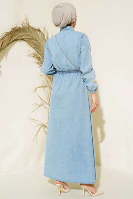 Bel Lastikli Düğmeli Kot Elbise Kot Mavisi - Tesettür Elbise