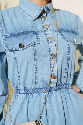 Bel Lastikli Düğmeli Kot Elbise Kot Mavisi - Tesettür Elbise