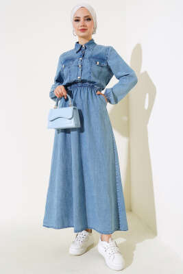 Bel Lastikli Düğmeli Kot Elbise Kot 