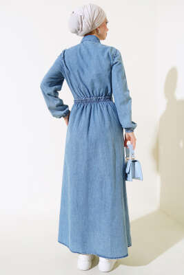 Bel Lastikli Düğmeli Kot Elbise Kot - Tesettür Elbise