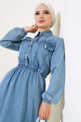 Bel Lastikli Düğmeli Kot Elbise Kot - Tesettür Elbise