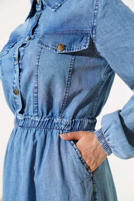 Bel Lastikli Düğmeli Kot Elbise Kot - Tesettür Elbise