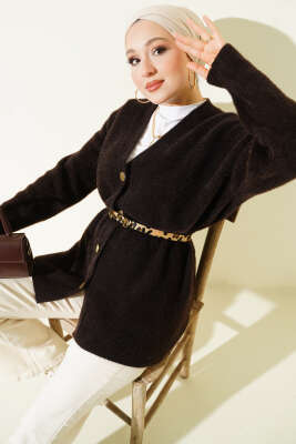 Bel Lastikli Düğmeli Sakallı Triko Hırka Acı Kahve 