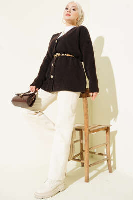 Bel Lastikli Düğmeli Sakallı Triko Hırka Acı Kahve - Hırka