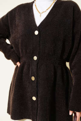 Bel Lastikli Düğmeli Sakallı Triko Hırka Acı Kahve - Hırka