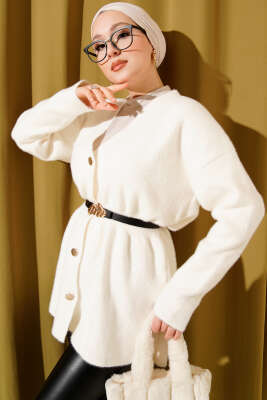 Bel Lastikli Düğmeli Sakallı Triko Hırka Ekru - ARISOY