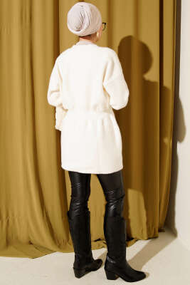 Bel Lastikli Düğmeli Sakallı Triko Hırka Ekru - Hırka