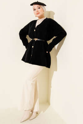 Bel Lastikli Düğmeli Sakallı Triko Hırka Siyah - Hırka