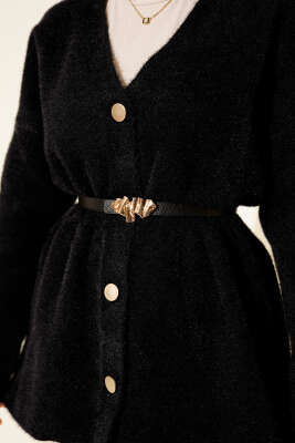 Bel Lastikli Düğmeli Sakallı Triko Hırka Siyah - Hırka