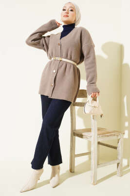 Bel Lastikli Düğmeli Sakallı Triko Hırka Vizon - Hırka