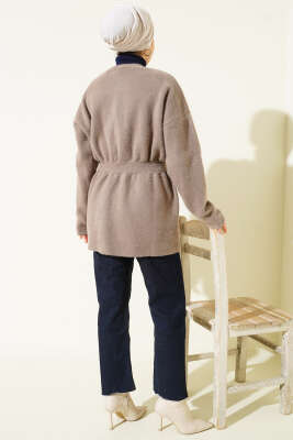 Bel Lastikli Düğmeli Sakallı Triko Hırka Vizon - Hırka