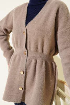 Bel Lastikli Düğmeli Sakallı Triko Hırka Vizon - Hırka