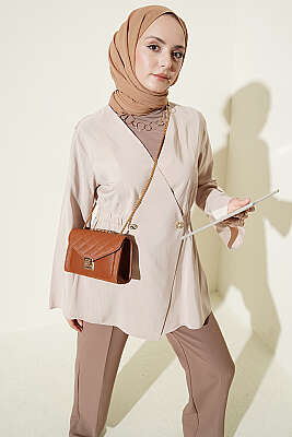 Bel Lastikli Düğmeli Tensel Ceket Bej - BERAT TEKSTİL