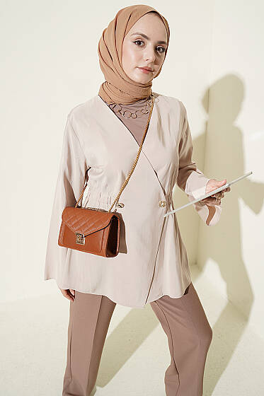 Bel Lastikli Düğmeli Tensel Ceket Bej - Ceket