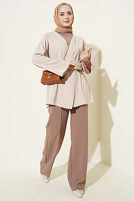 Bel Lastikli Düğmeli Tensel Ceket Bej - Ceket