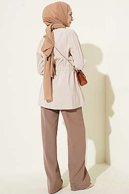 Bel Lastikli Düğmeli Tensel Ceket Bej - Ceket