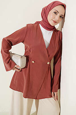 Bel Lastikli Düğmeli Tensel Ceket Kiremit - BERAT TEKSTİL