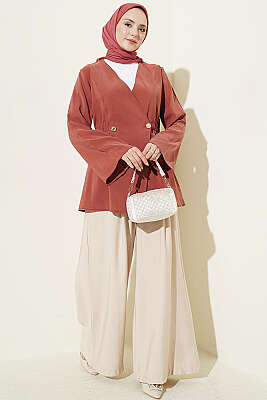 Bel Lastikli Düğmeli Tensel Ceket Kiremit - Ceket