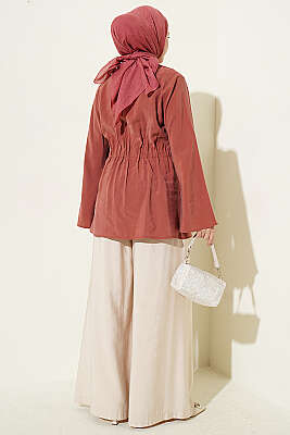 Bel Lastikli Düğmeli Tensel Ceket Kiremit - Ceket