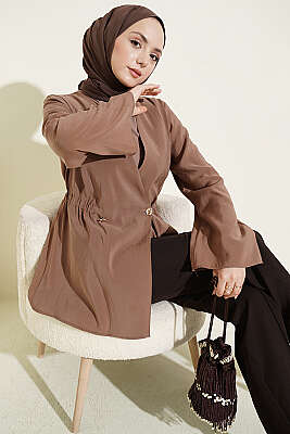 Bel Lastikli Düğmeli Tensel Ceket Latte - BERAT TEKSTİL