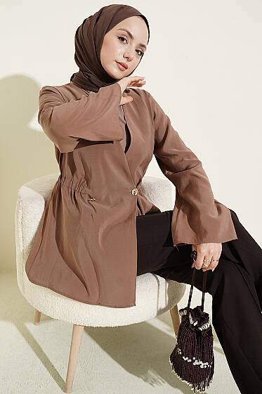 Bel Lastikli Düğmeli Tensel Ceket Latte - Ceket