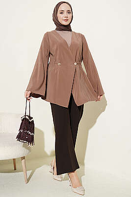 Bel Lastikli Düğmeli Tensel Ceket Latte - Ceket