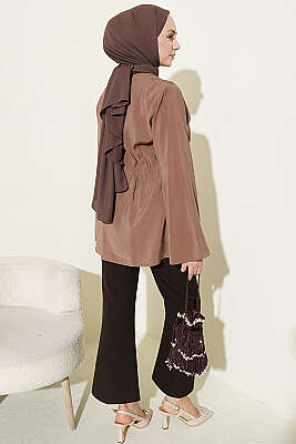 Bel Lastikli Düğmeli Tensel Ceket Latte - Ceket