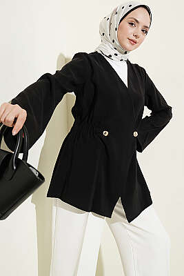 Bel Lastikli Düğmeli Tensel Ceket Siyah - BERAT TEKSTİL