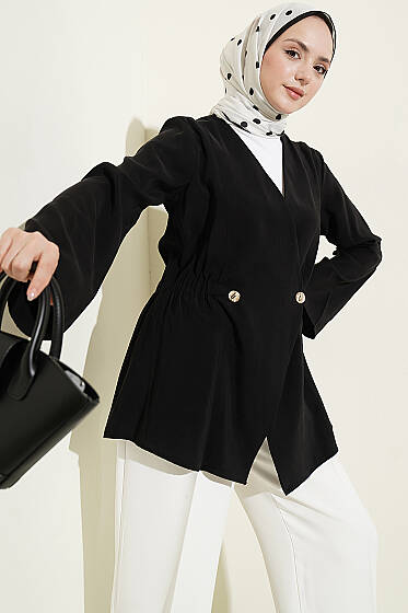 Bel Lastikli Düğmeli Tensel Ceket Siyah - Ceket
