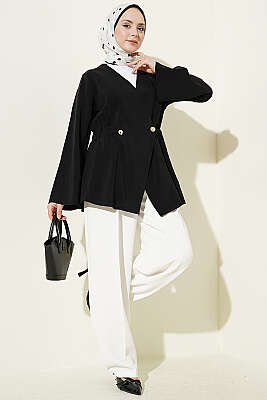 Bel Lastikli Düğmeli Tensel Ceket Siyah - Ceket