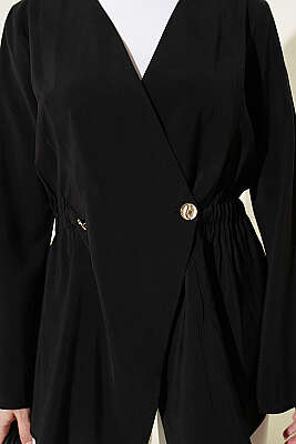 Bel Lastikli Düğmeli Tensel Ceket Siyah - Ceket