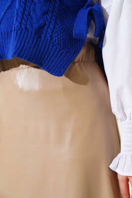 Bel Lastikli Düz Deri Etek Latte - Uzun Etek