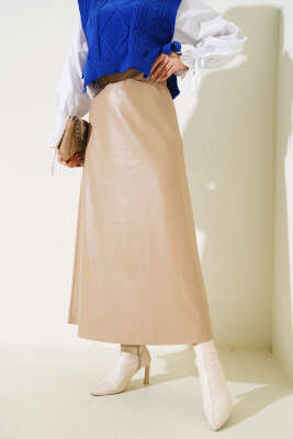 Bel Lastikli Düz Deri Etek Latte 