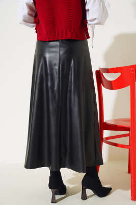 Bel Lastikli Düz Deri Etek Siyah - Uzun Etek