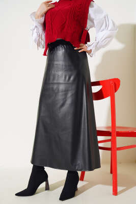 Bel Lastikli Düz Deri Etek Siyah - Uzun Etek