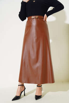 Bel Lastikli Düz Deri Etek Taba - Uzun Etek