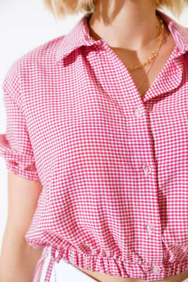 Bel Lastikli Ekoseli Crop Fuşya - Kadın Giyim Modelleri