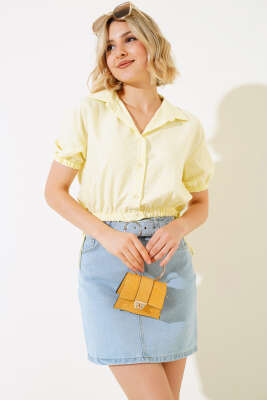 Bel Lastikli Ekoseli Crop Sarı - Kadın Giyim Modelleri