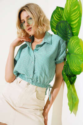 Bel Lastikli Ekoseli Crop Yeşil - Kadın Giyim Modelleri