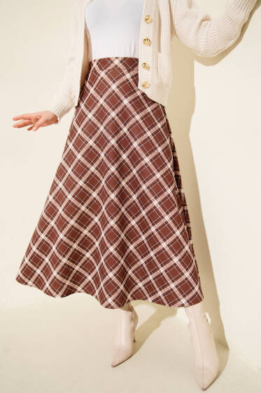 Bel Lastikli Ekoseli Scuba Etek Kahve - Etek