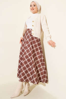 Bel Lastikli Ekoseli Scuba Etek Kahve - Etek