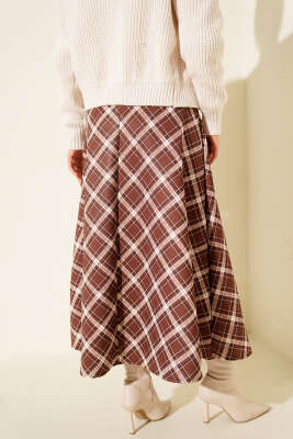 Bel Lastikli Ekoseli Scuba Etek Kahve - Günün Seçilenleri