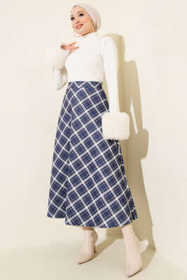 Bel Lastikli Ekoseli Scuba Etek Lacivert - Günün Seçilenleri