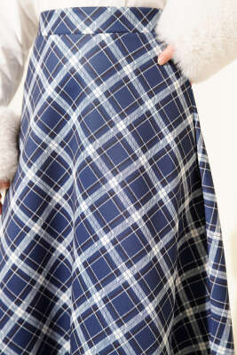 Bel Lastikli Ekoseli Scuba Etek Lacivert - Günün Seçilenleri