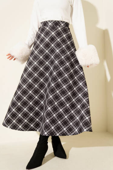 Bel Lastikli Ekoseli Scuba Etek Siyah - Etek